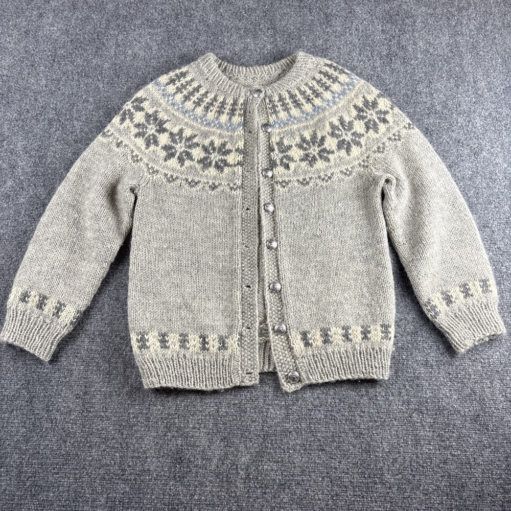 VTG Hand Knit Norwegian Wool Cardigan Sweater Ornate Pewter Buttons Grey
